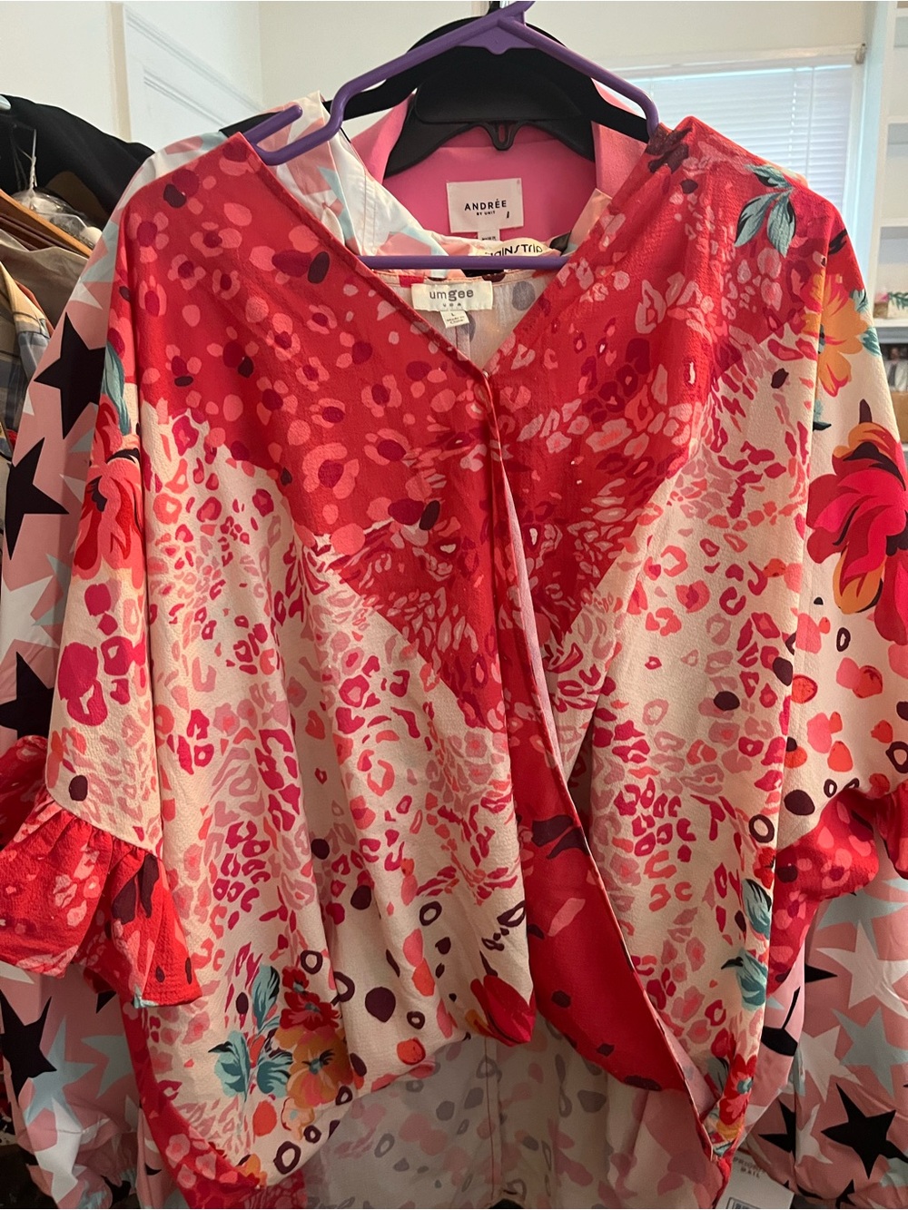 Umgee Pink and Red Floral Print V-Neck Tunic
